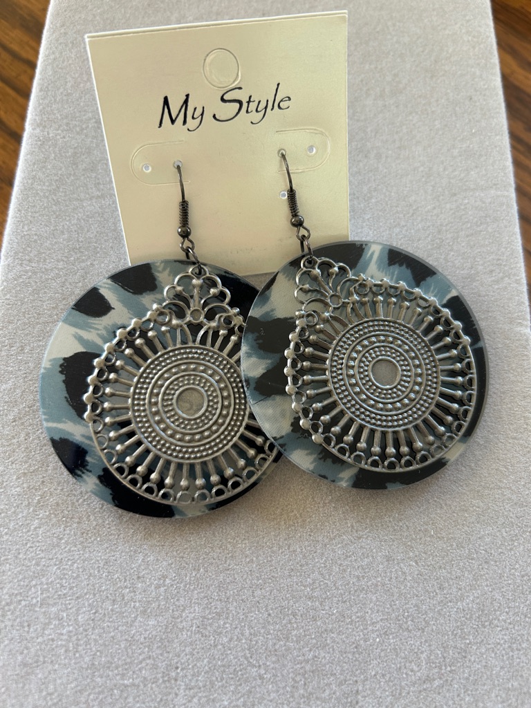 Black And Gray Round Filigree Drop Earrings